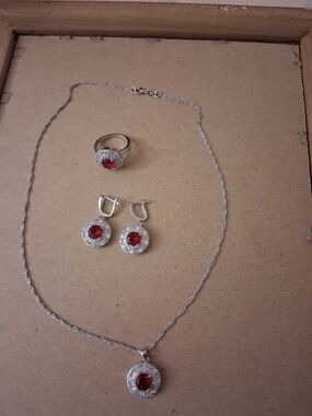 Red Crystal Pendant Necklace, Drop Earrings & Ring Set - Silver Tone